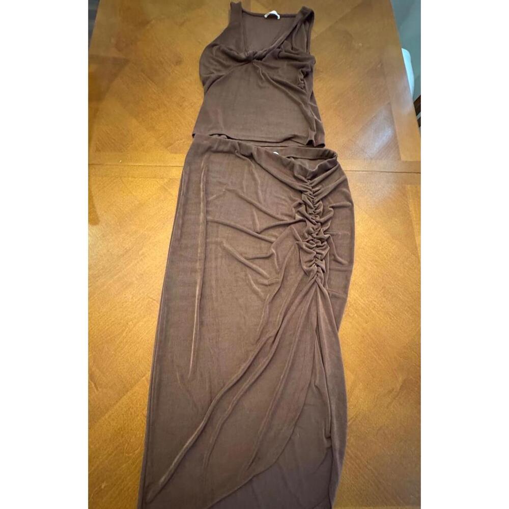 Brown Sleeveless Top and Ruched Maxi Skirt Set